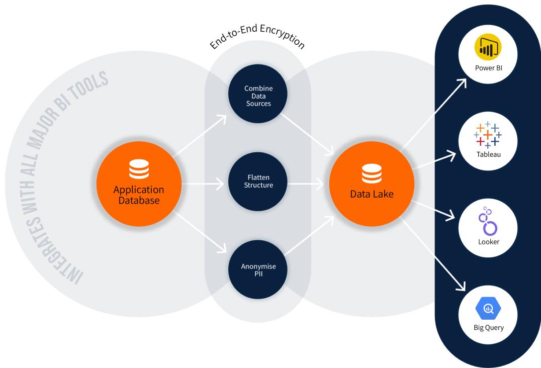 Diagram showing availibility of flattened, anonymised, and combined data in a data lake to be used by major BI tools